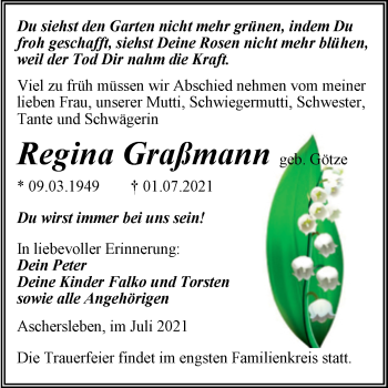 Traueranzeige von Regina Graßmann von Trauerkombi Aschersleben