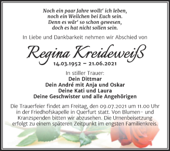 Traueranzeige von Regina Kreideweiß von Trauerkombi Merseburg