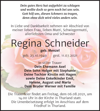Traueranzeige von Regina Schneider von Trauerkombi Bitterfeld