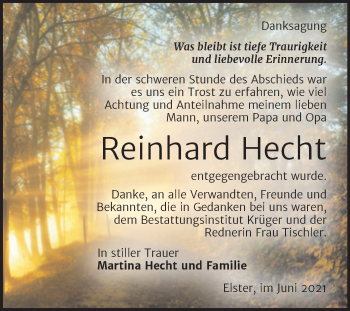 Traueranzeige von Reinhard Hecht von Trauerkombi Wittenberg