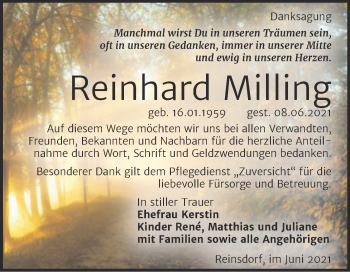 Traueranzeige von Reinhard Milling von Trauerkombi Wittenberg