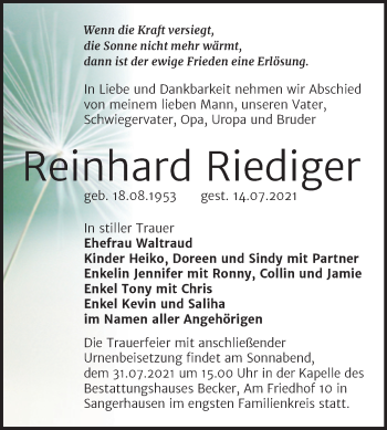 Traueranzeige von Reinhard Riediger von Trauerkombi Sangerhausen