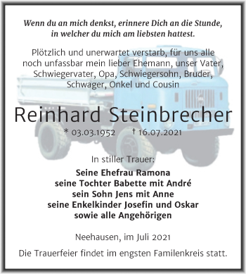 Traueranzeige von Reinhard Steinbrecher von Trauerkombi Mansfelder Land