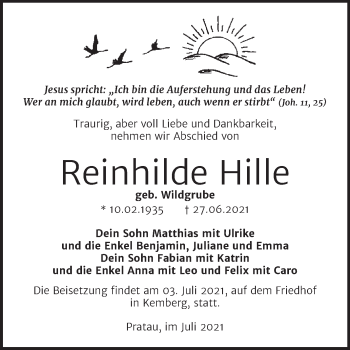 Traueranzeige von Reinhilde Hille von Trauerkombi Wittenberg