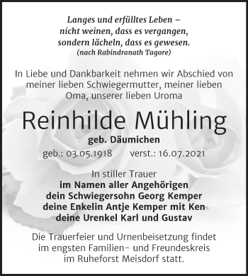 Traueranzeige von Reinhilde Mühling von Trauerkombi Bernburg