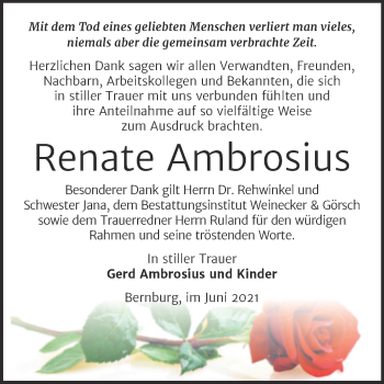 Traueranzeige von Renate Ambrosius von Trauerkombi Bernburg