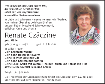 Traueranzeige von Renate Czäczine von Trauerkombi Zeitz