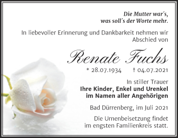 Traueranzeige von Renate Fuchs von Trauerkombi Merseburg