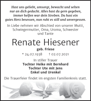 Traueranzeige von Renate Hiesener von Trauerkombi Bernburg
