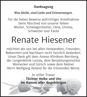 Traueranzeige von Renate Hiesener von Trauerkombi Bernburg