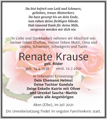 Traueranzeige von Renate Krause von Trauerkombi Köthen