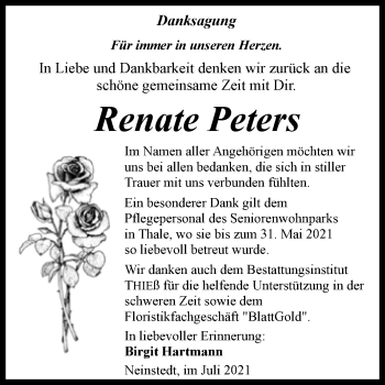 Traueranzeige von Renate Peters von Trauerkombi Quedlinburg
