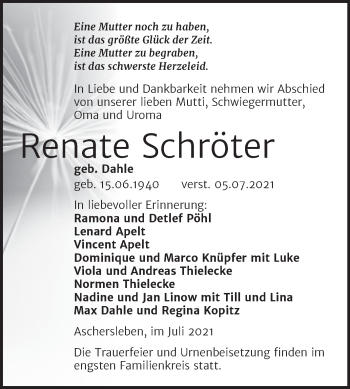 Traueranzeige von Renate Schröter von Trauerkombi Aschersleben