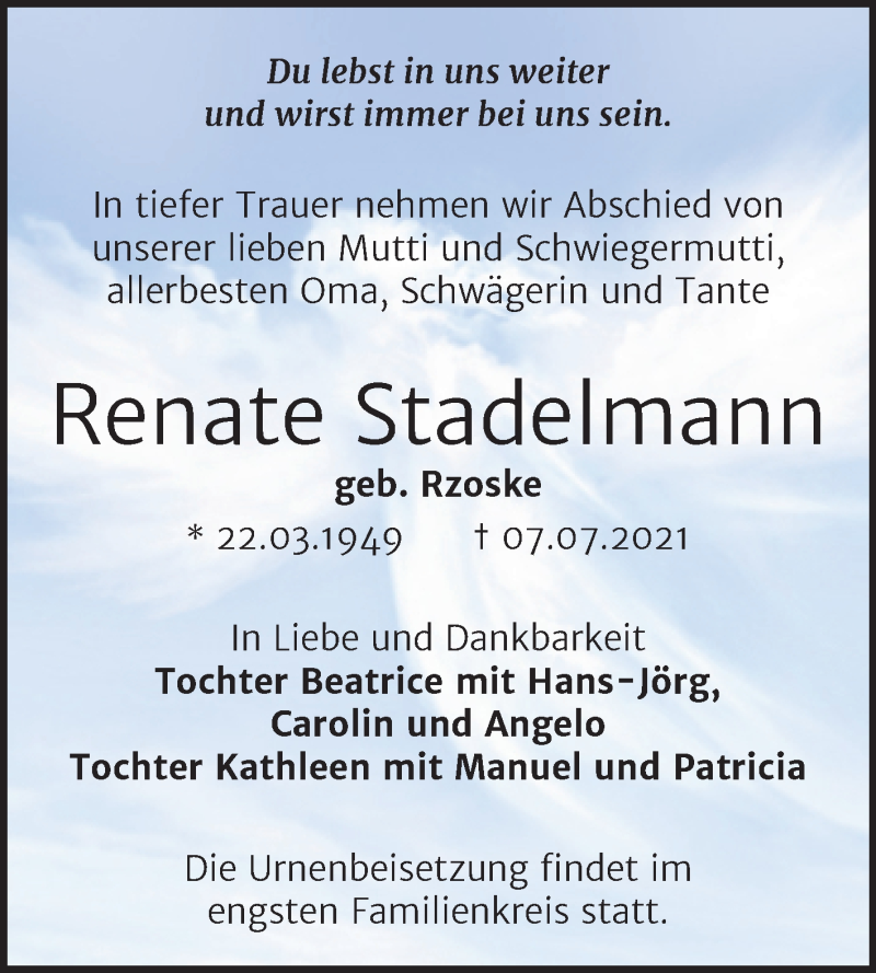  Traueranzeige für Renate Stadelmann vom 17.07.2021 aus Trauerkombi Bitterfeld