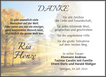 Traueranzeige von Ria Henze von Trauerkombi Merseburg