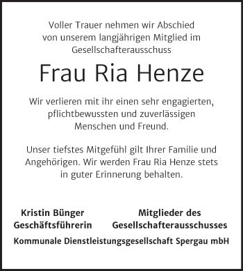 Traueranzeige von Ria Henze von Mitteldeutsche Zeitung Merseburg/Querfurt