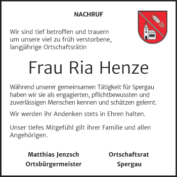 Traueranzeige von Ria Henze von Super Sonntag Merseburg/Querfurt