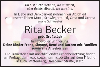 Traueranzeige von Rita Becker von Trauerkombi Wittenberg