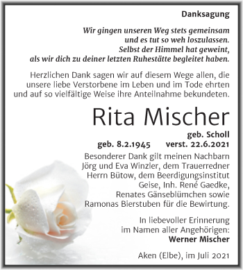Traueranzeige von Rita Mischer von Trauerkombi Köthen