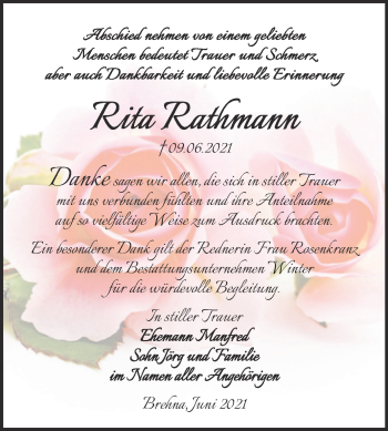 Traueranzeige von Rita Rathmann von Trauerkombi Bitterfeld