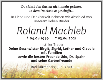 Traueranzeige von Roland Machleb von Trauerkombi Merseburg