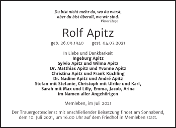 Traueranzeige von Rolf Apitz von Naumburger Tageblatt