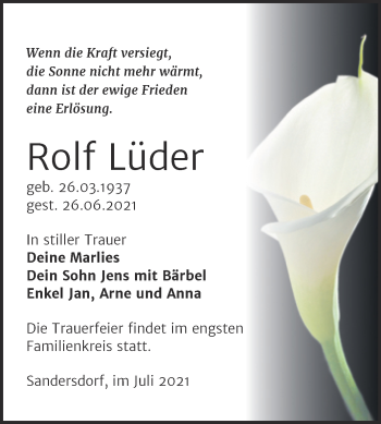 Traueranzeige von Rolf Lüder von Trauerkombi Bitterfeld