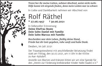 Traueranzeige von Rolf Räthel von Trauerkombi Zeitz