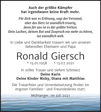 Traueranzeige von Ronald Giersch von Trauerkombi Wittenberg