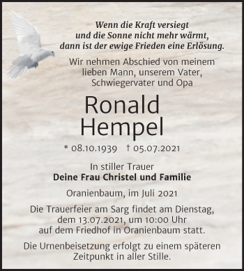 Traueranzeige von Ronald Hempel von Trauerkombi Wittenberg