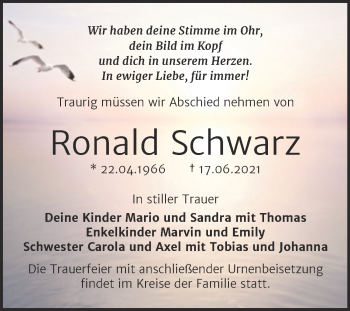 Traueranzeige von Ronald Schwarz von Trauerkombi Bernburg