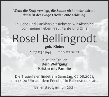 Traueranzeige von Rosel Bellingrodt von Trauerkombi Quedlinburg