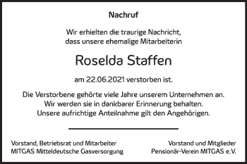 Traueranzeige von Roselda Staffen von Mitteldeutsche Zeitung Bitterfeld