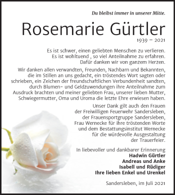 Traueranzeige von Rosemarie Gürtler von Trauerkombi Mansfelder Land