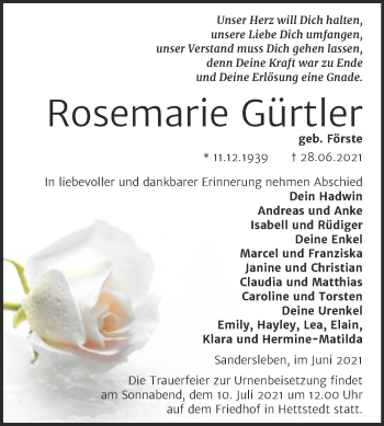 Traueranzeige von Rosemarie Gürtler von Trauerkombi Mansfelder Land