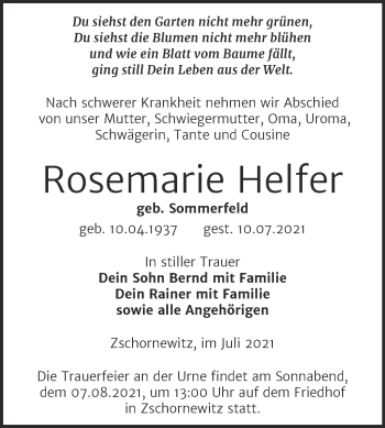 Traueranzeige von Rosemarie Helfer von Trauerkombi Wittenberg