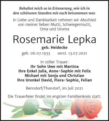 Traueranzeige von Rosemarie Lepka von Trauerkombi Mansfelder Land
