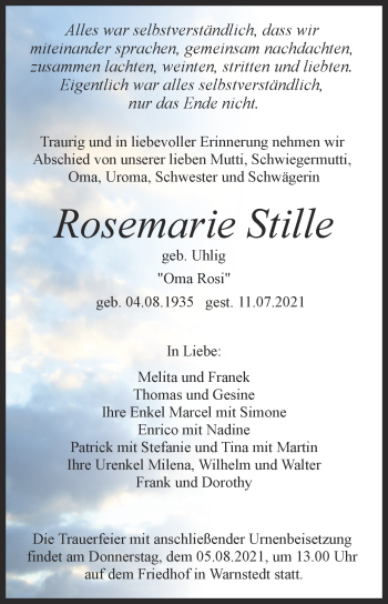 Traueranzeige von Rosemarie Stille von Trauerkombi Quedlinburg