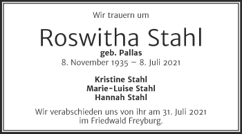 Traueranzeige von Roswitha Stahl von Naumburger Tageblatt