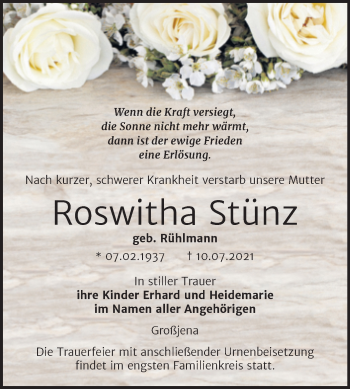 Traueranzeige von Roswitha Stünz von Naumburger Tageblatt