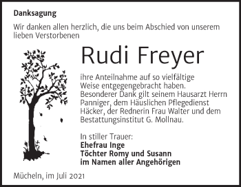 Traueranzeige von Rudi Freyer von Trauerkombi Merseburg