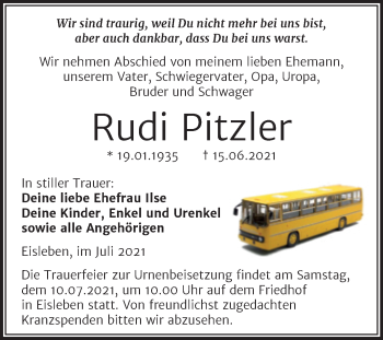 Traueranzeige von Rudi Pitzler von Trauerkombi Mansfelder Land