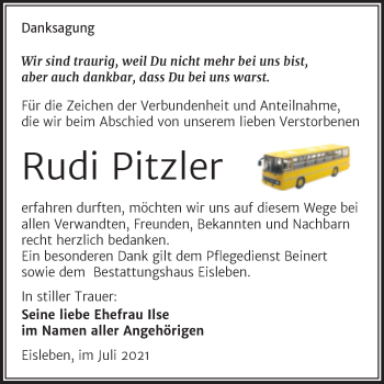 Traueranzeige von Rudi Pitzler von Trauerkombi Mansfelder Land