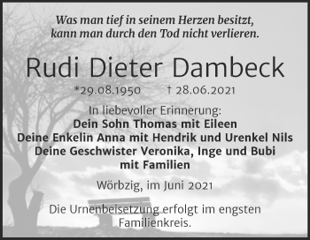 Traueranzeige von Rudi Dieter Dambeck von Trauerkombi Köthen