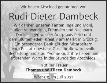 Traueranzeige von Rudi Dieter Dambeck von Trauerkombi Köthen