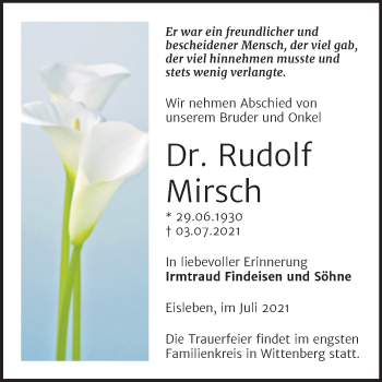 Traueranzeige von Rudolf Mirsch von Trauerkombi Mansfelder Land