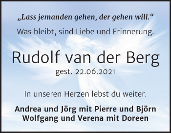 Traueranzeige von Rudolf van der Berg von Trauerkombi Bitterfeld