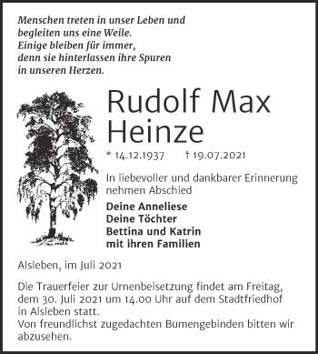 Traueranzeige von Rudolf Max Heinze von Trauerkombi Bernburg