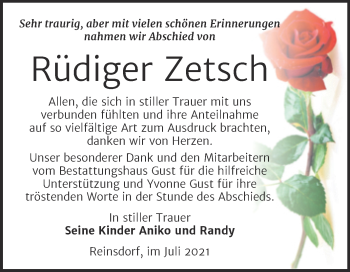 Traueranzeige von Rüdiger Zetsch von Trauerkombi Köthen