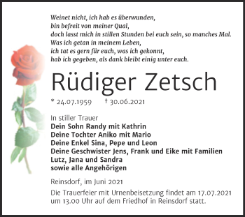 Traueranzeige von Rüdiger Zetsch von Trauerkombi Köthen